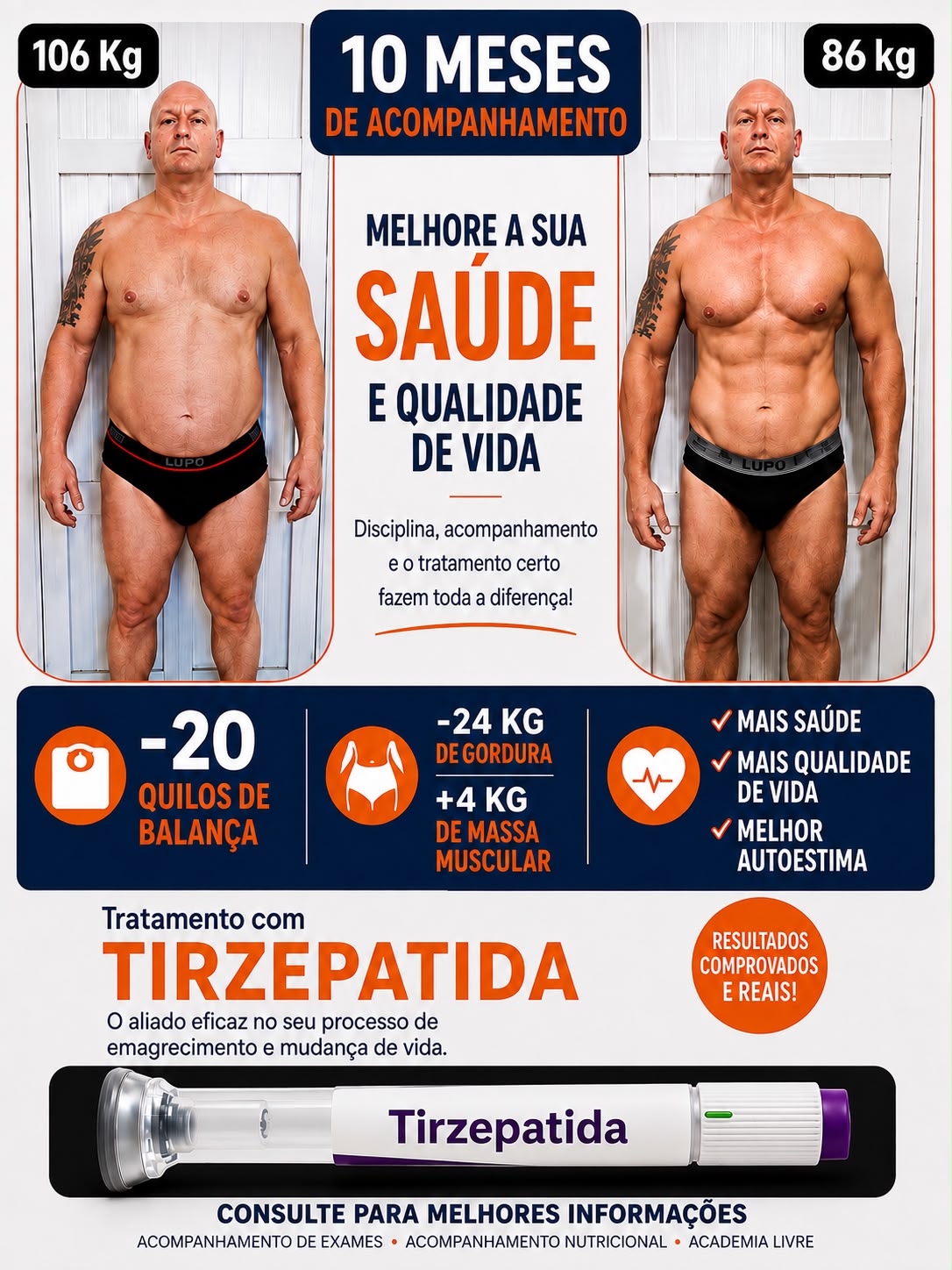 Resultado real de 10 meses de acompanhamento: de 106 kg para 86 kg